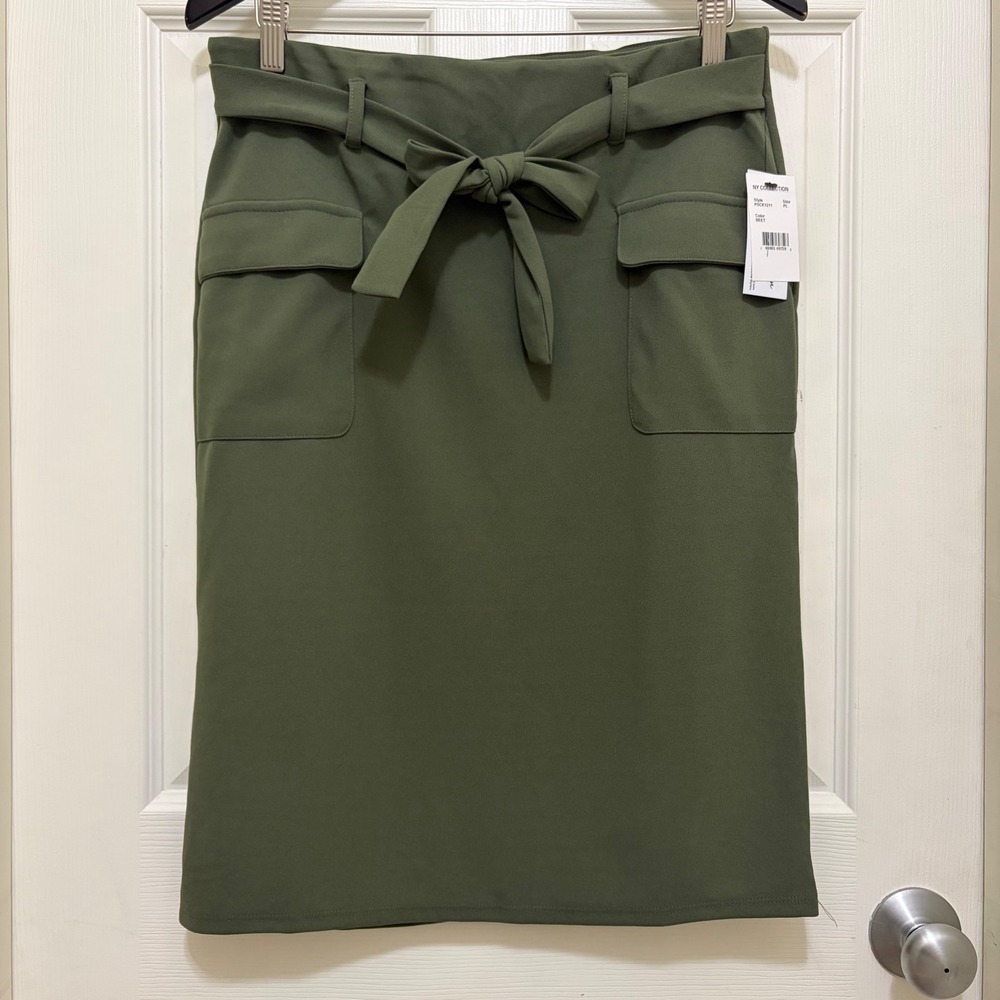 NEW NY Collection Pull On Pencil Skirt Tie Waist Pockets Olive Green Petite L